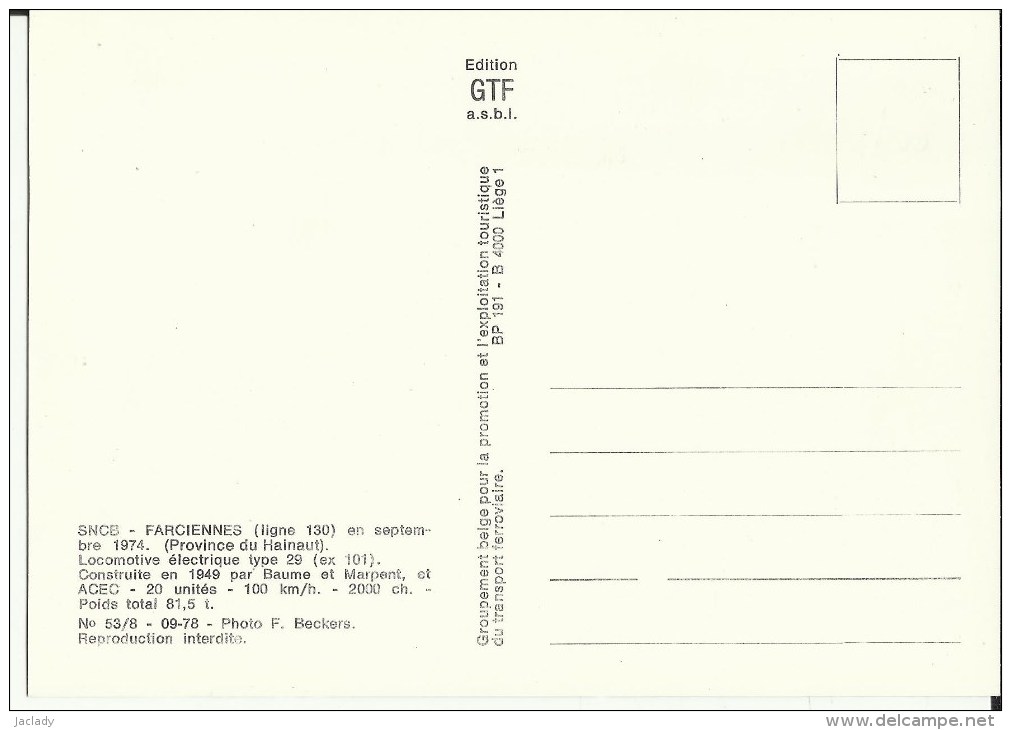 SNCB - Farciennes -- Ligne 130 - Locomotive électrique Type 29.   (2 Scans) - Farciennes