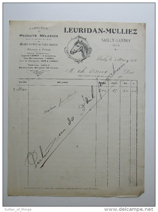 Facture Invoice Litho Leuridan Mulliez Produits Mélassés Usages Agricoles 1914 Horse Cheval - Agriculture