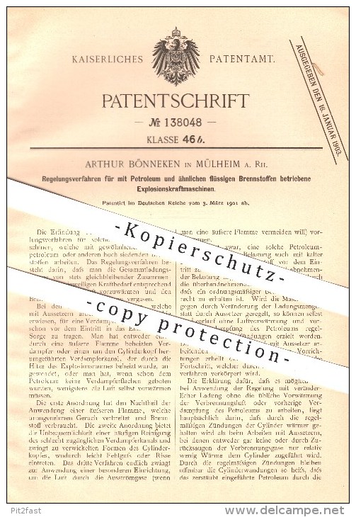 Original Patent - Arthur Bönneken In Mülheim A. Rh. , 1901 , Explosionskraftmaschinen , Kraftmaschinen , Petroleum !!! - Historische Dokumente