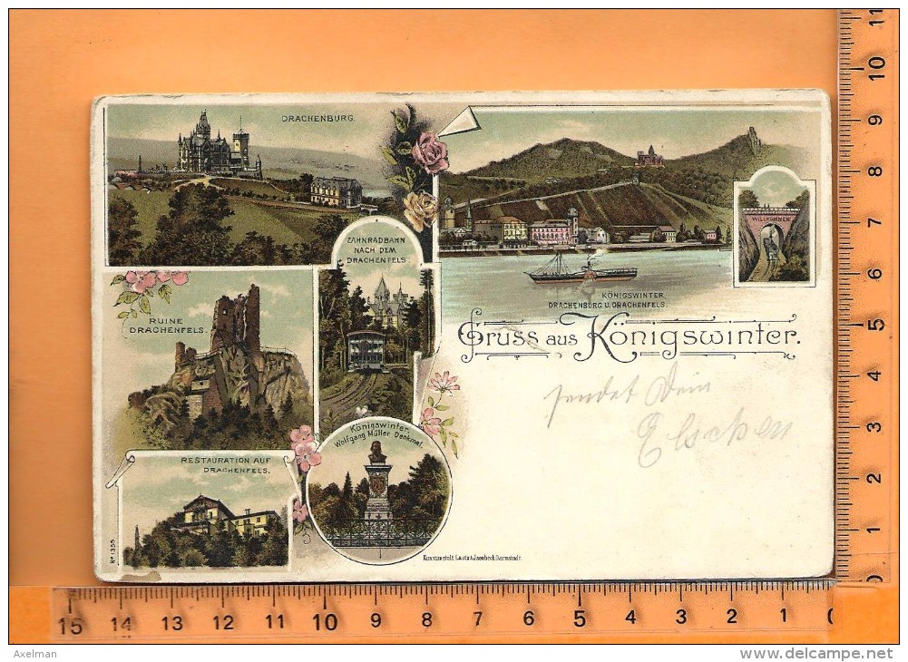 KÖNIGSWINTER: : Lithographie Multi Vues, Gruss, Ruine Drachenfels, Drachenburg, Restaurant , Zahnradbahn - Koenigswinter