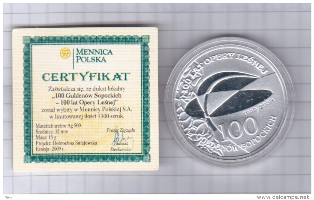 Poland 2009 Sopot, Music Musique, Medal Medaille, 100 Years Of Forestry Opera, Silver 100 Guldenow Sopotskich - Non Classificati