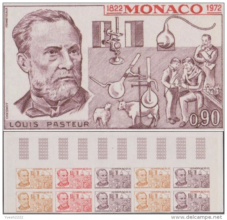 Monaco 1972 Y&T 913. Bloc De 10, Essais De Couleurs. Louis Pasteur. Pasteur Et Ses Découvertes : Vache, Mouton,... - Louis Pasteur