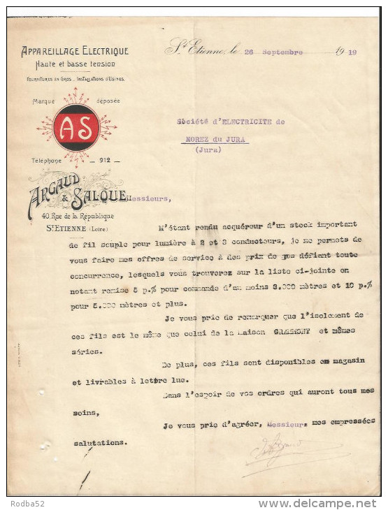 Lettre - Appareillage électrique AS - Argaud Et Salque à  Saint Etienne - Haute Et Basse Tension - Elettricità & Gas