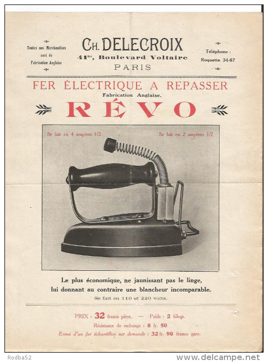 Publicité - Fer électrique  à Repasser - Révo -  Ch Delecroix Boulevard Voltaire à Paris - - Pubblicitari
