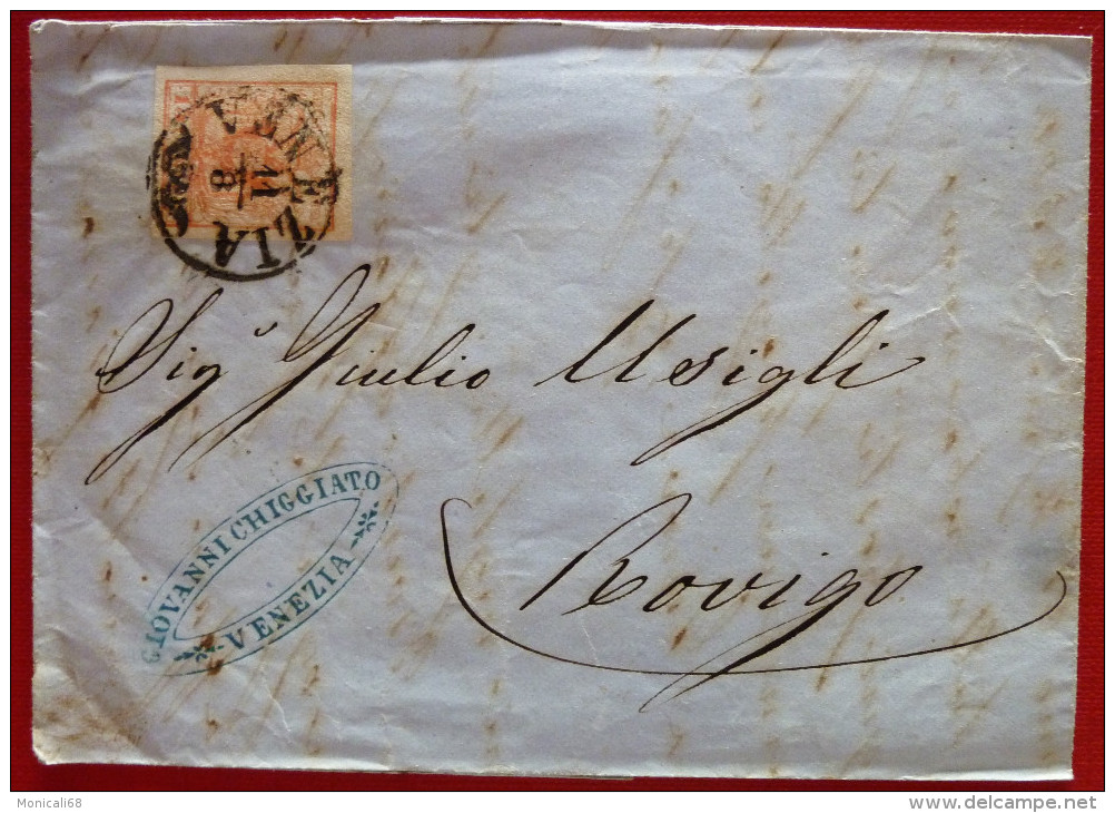 Lombardo Veneto 1858  Lettera Da Venezia A Rovigo - I Emissione II Tipo 15 C. Rosso-Venezia CO - Lombardo-Vénétie