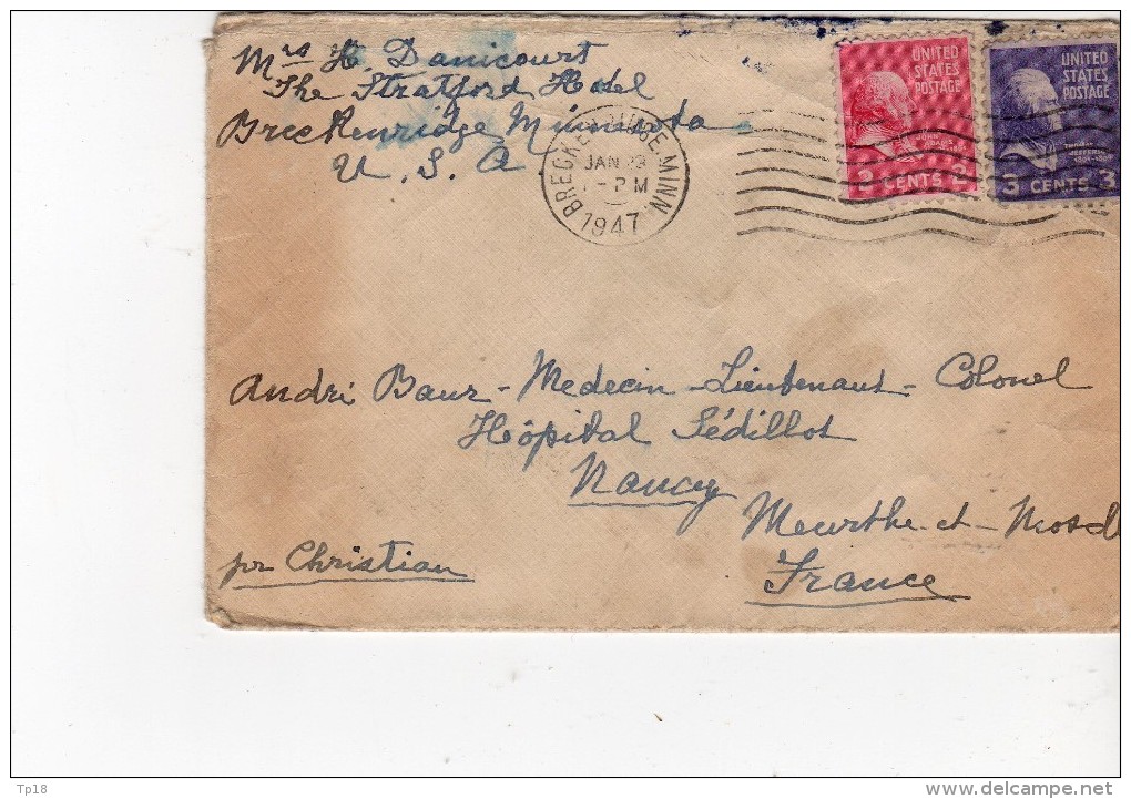 Lettre Des Etats Unis  Minesota Pour Nancy Medecin Colonel Hopital Sédillot - 1941-60