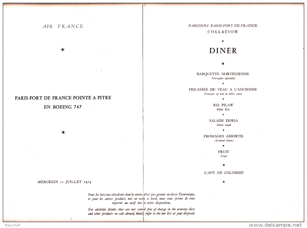 Menu (dessin D'enfants, UNICEF) 16 X 24 Cm "Air France" Paris - Fort De France En Boing 747 - Diner -  1974 - Menus