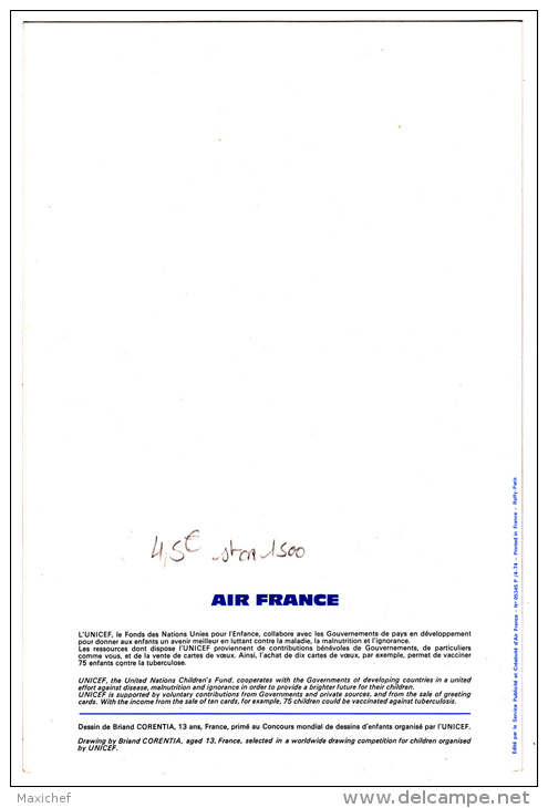 Menu (dessin D'enfants, UNICEF) 16 X 24 Cm "Air France" Paris - Fort De France En Boing 747 - Diner -  1974 - Menus