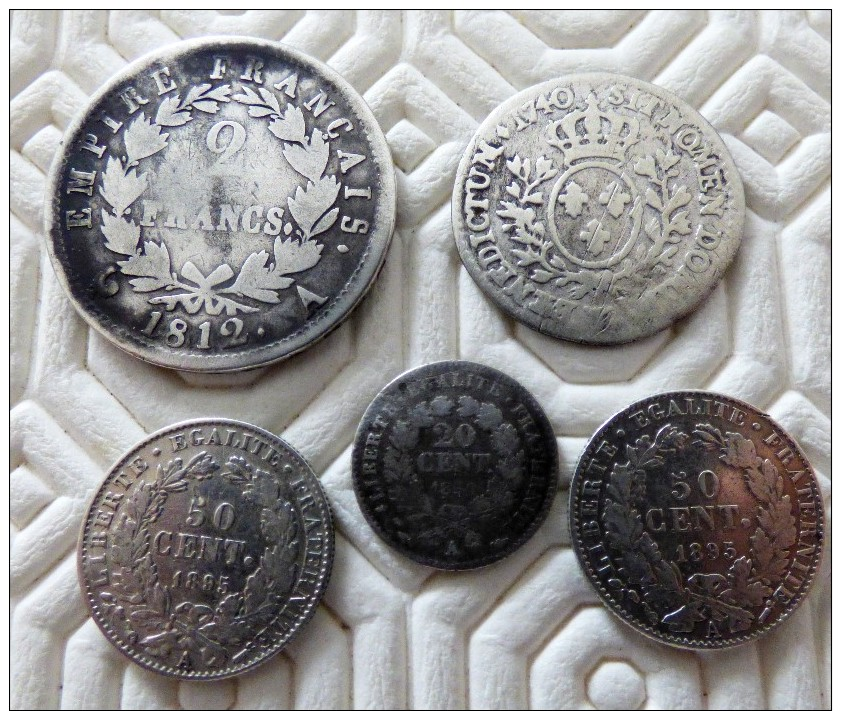 LOT 5 MONNAIES  - 2 FRANC 1812 A - 1/10 ECU 1740 W - 20 CTS 1850 A -2 X 1895 A  ARGENT SILVER - Altri & Non Classificati