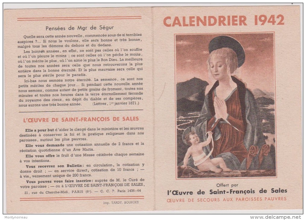 Calendrier :  1942 , Oeuvre De Saint  François De  Sales , Imp A  Bourges  Tardy - Formato Piccolo : 1941-60