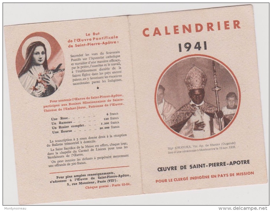 Calendrier :  1941 , Oeuvre De Saint Pierre  Apotre - Petit Format : 1941-60