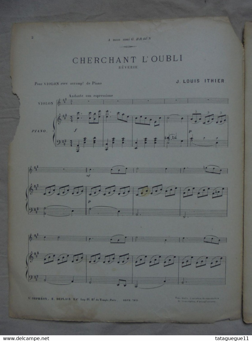 Ancien - Partition Violon & Piano - CHERCHANT L'OUBLI Rêverie Par J. Louis ITHIER - Keyboard Instruments