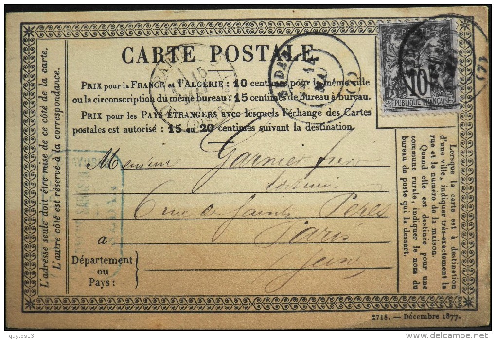 SAGE N° 89 - CARTE POSTALE ENTIER PRECURSEUR ( 2718 Décembre 1877) - DEPART DE PARIS A DESTINATION DE PARIS - Precursor Cards