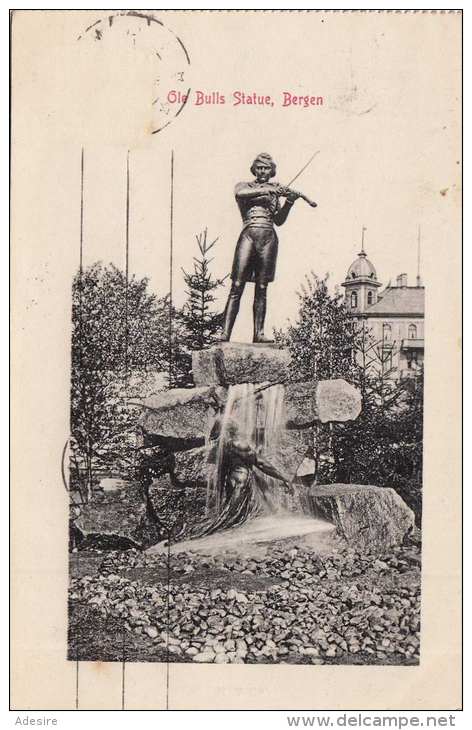 BERGEN (Norwegen) - Ole Bulls Statue, Karte Gel.1908, Rollenstempel - Norwegen