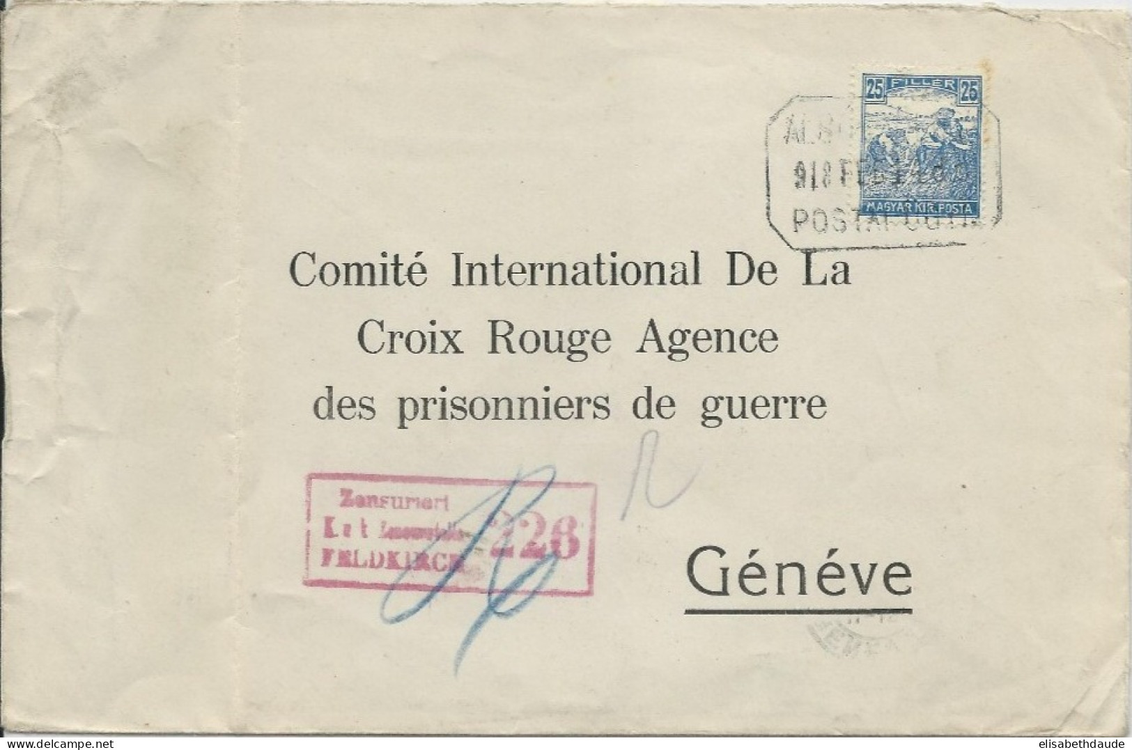 HONGRIE - 1918 - ENVELOPPE ENTIER RECOM CENSUREE Pour L'AG DES PRISONNIERS DE GUERRE GENEVE - CROIX-ROUGE - Briefe U. Dokumente