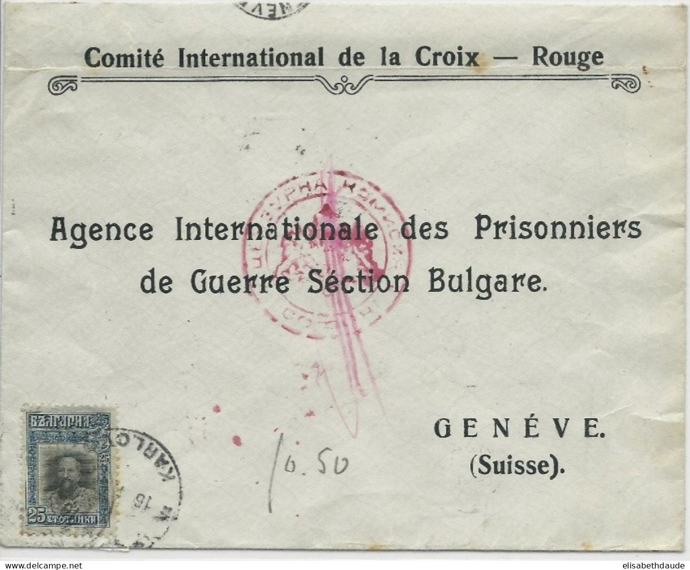 BULGARIE - 1918 - ENVELOPPE CENSUREE De KARLOVO Pour L'AG DES PRISONNIERS DE GUERRE GENEVE - CROIX-ROUGE - Covers & Documents