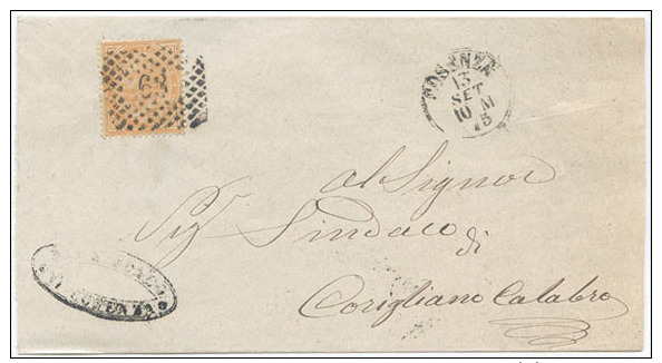 1875 EFFIGIE C. 10 ANNULLO PUNTI COSENZA 13.9.75 A CORIGLIANO TIMBRO ARRIVO (6584) - Storia Postale