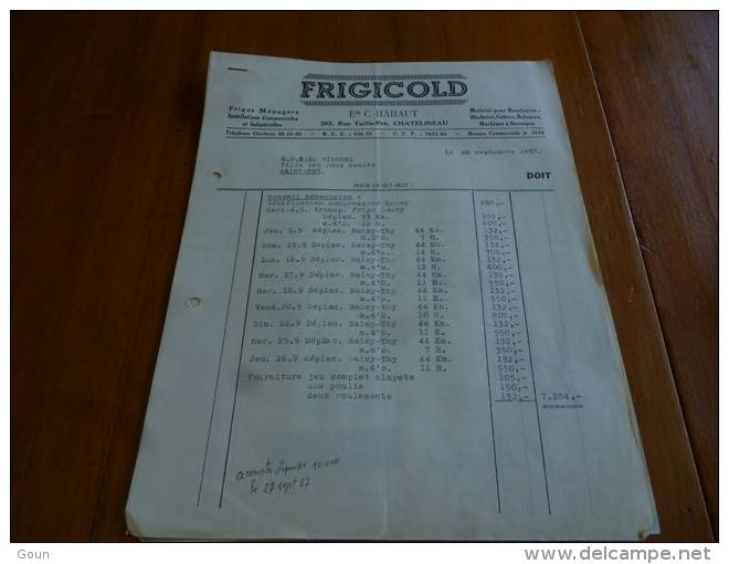 FF2 LC118 Facture Frigicold Ets HAHAUT Frigos Châtelineau 1957 - 1950 - ...
