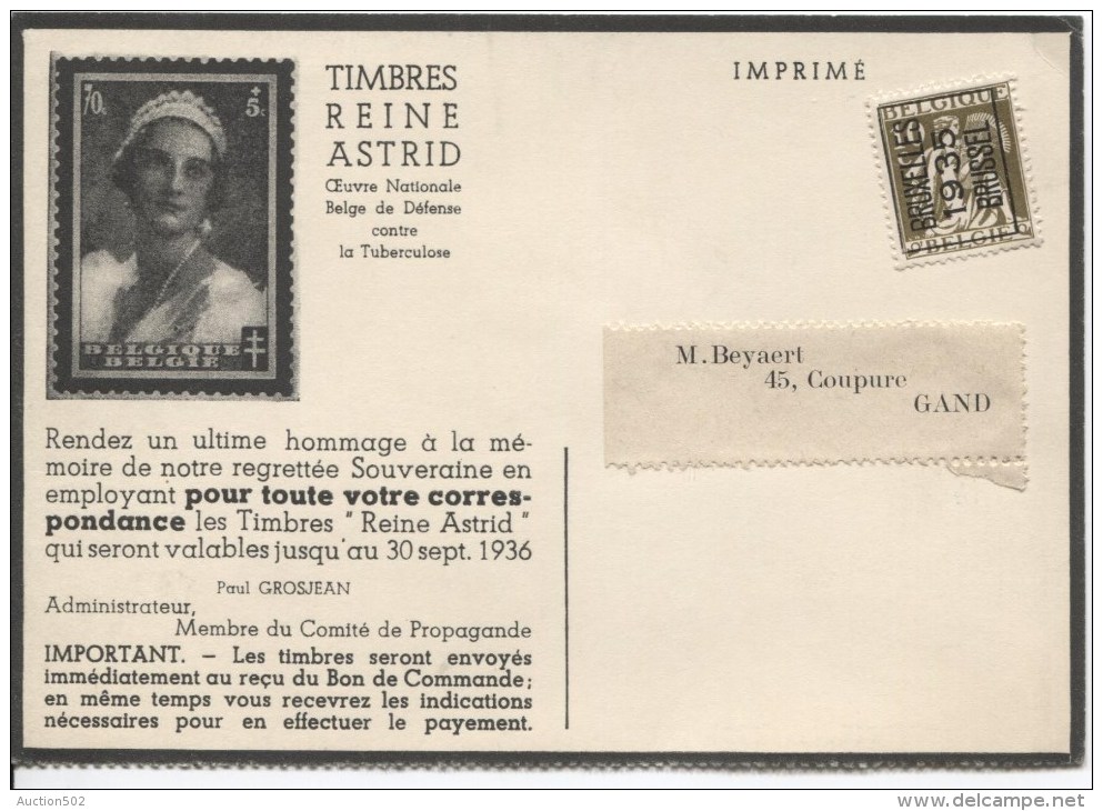 TP 337 Roulette BXL 1935 S/CP Publicitaire Pour Les TP De La Reine Astrid  V.Gand PR2103 - Rollenmarken 1930-..