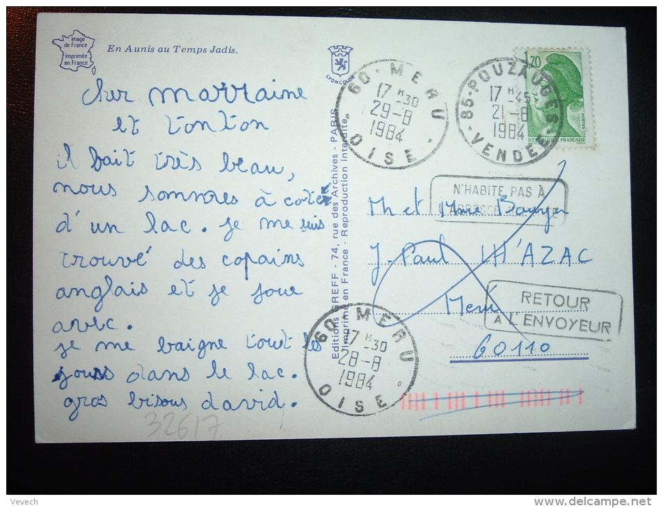 CP TP LIBERTE DE GANDON 1,70  OBL. 21-8-1984 POUZAUGES (85 VENDEE) - Manual Postmarks