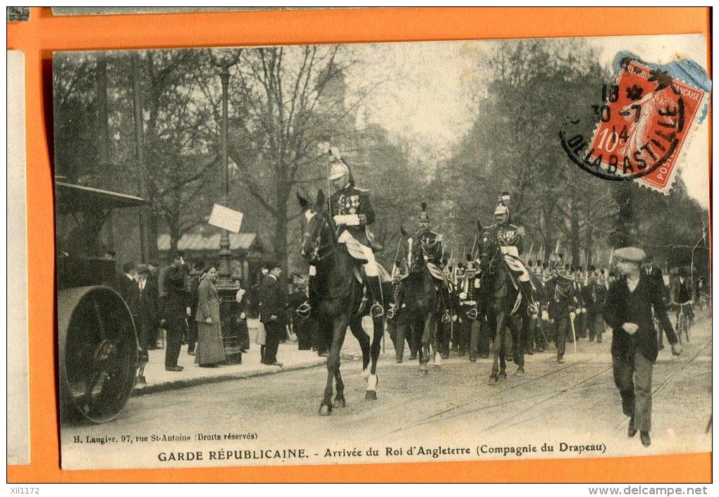 MNA-13  Paris, Garde Républicaine, Arrivée Du Roi D'Angleterre, Compagnie Du Drapeau. Cachet Frontal La Bastille 1914 - Guerre 1914-18
