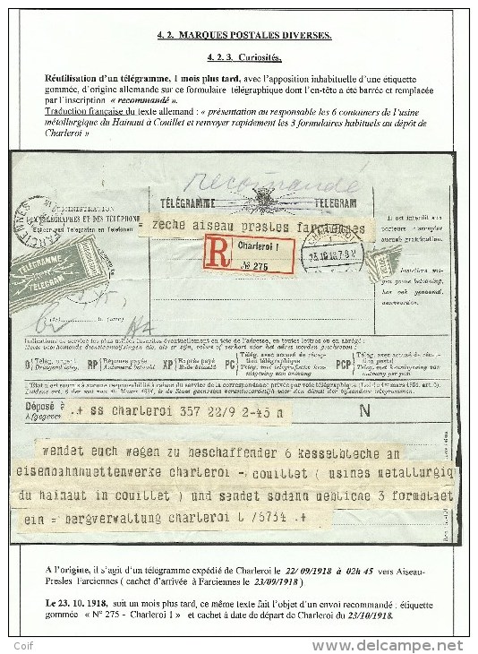 TELEGRAM Verzonden Van Charleroi Op 22/9/18 Naar Farciennes Op 23/9/18, AANGETEKEND Herverzonden Van CHARLEROI (UNIQUE - Sonstige & Ohne Zuordnung