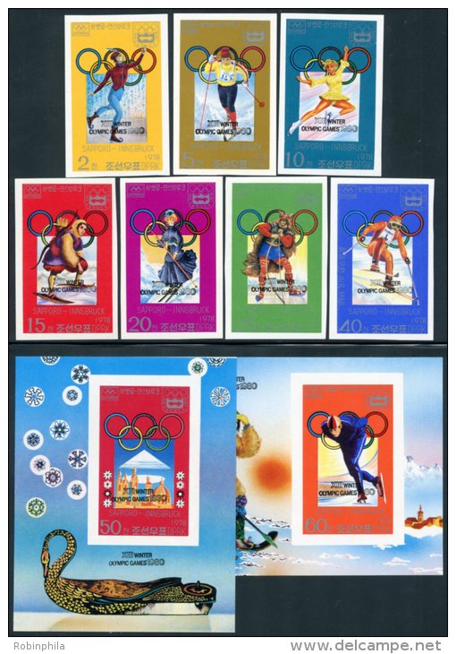 Korea 1979, SC #1821-29, Imperf 7V+S/S, Overprinted, 13th Winter Olympic Games - Invierno 1980: Lake Placid