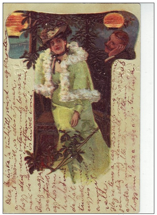 #3913 Glamour Fashion, UPU  Embossed Stylized Postcard Mailed 1904: Lady  With Hat And Admirer (17) - Mode