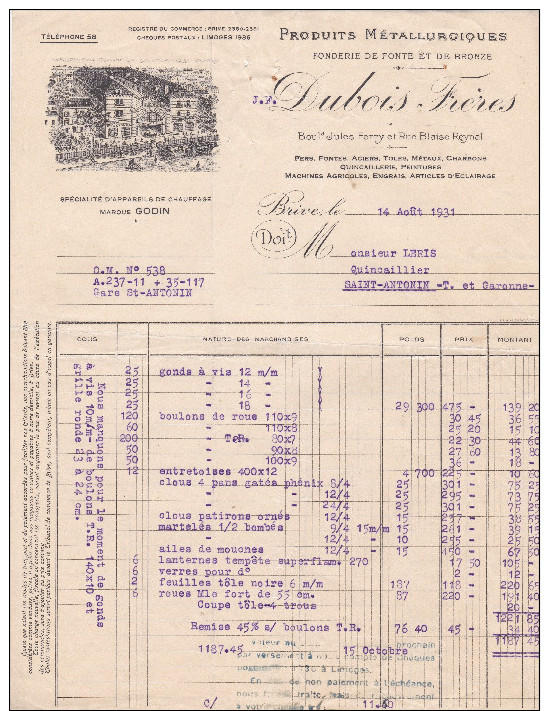 FACTURE Des Produits Métallurgiques, Marque GODIN, Fonderie De Fonte Et De Bronze  DUBOIS Frères à BRIVE (19) - Autres & Non Classés