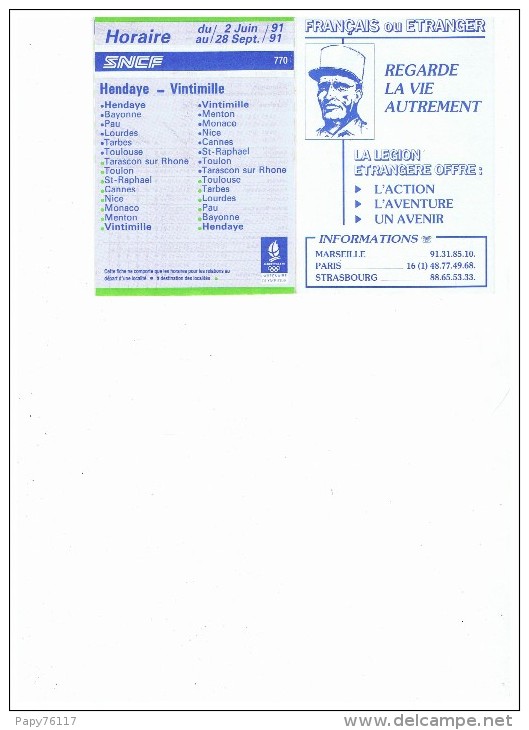 HORAIRE SNCF  HENDAYE -VINTIMILLE   2JUIN 1991 -28SEPT 1991 - Europe