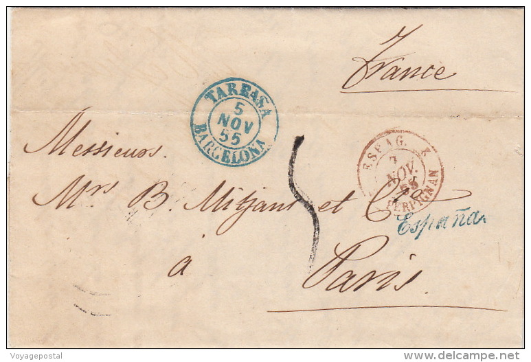 - Tarrasa Barcelona, Marque Espaça Avec Cachet D'entré Perpignan Pour Paris 1855 - - Covers & Documents