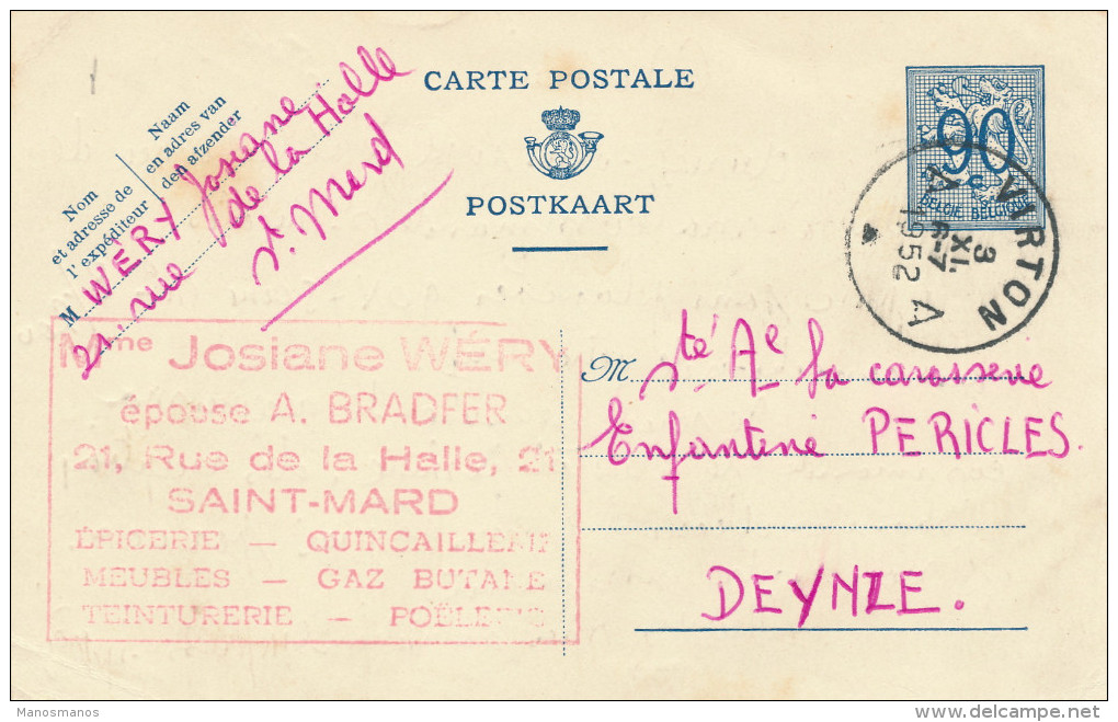 567/23 -  LA GAUME - Entier Lion Héraldique VIRTON 1952 - Cachet Quincaillerie Wery-Bradfer à SAINT MARD - Cartes Postales 1951-..