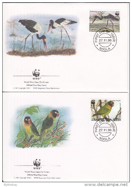 Zambia FDC Scott #654-#657 Set Of 4 Saddle-billed Stork, Black-cheeked Lovebirds - WWF - Zambie (1965-...)