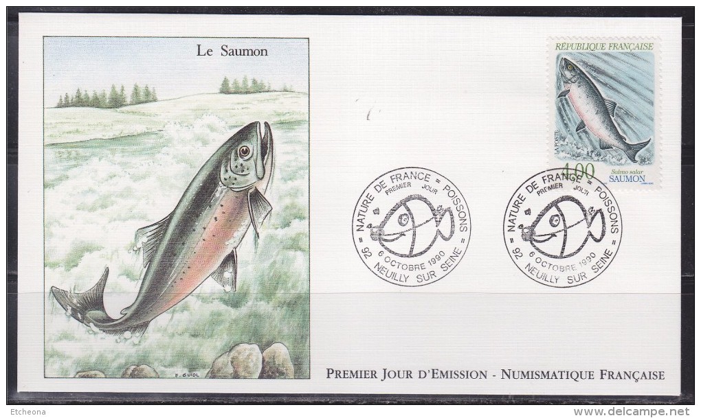 = Nature De France Poissons Enveloppe 1er Jour Neuilly Sur Seine 6.10.90 N° 2665 Le Saumon - 1990-1999