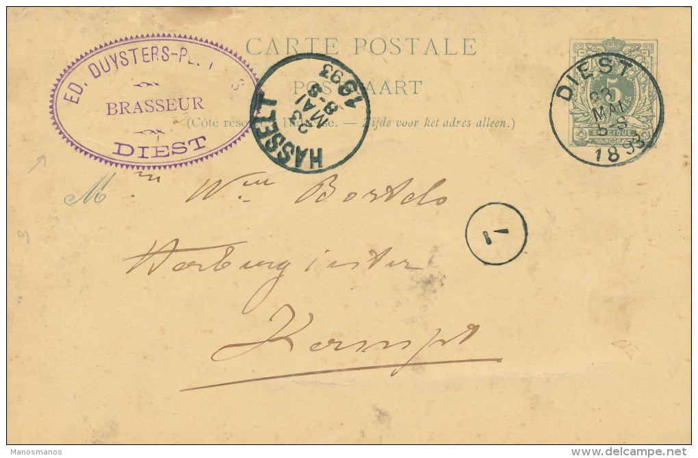 504/23 - BRASSERIE BELGIQUE - Entier Postal DIEST 1893 - Cachet Brasseur Duyster - Bier