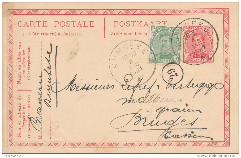 507/23 - BRASSERIE BELGIQUE - Entier Postal RUMBEKE 1921 - Expéditeur Brasserie De Rumbeke + Signature Propriétaire - Beers