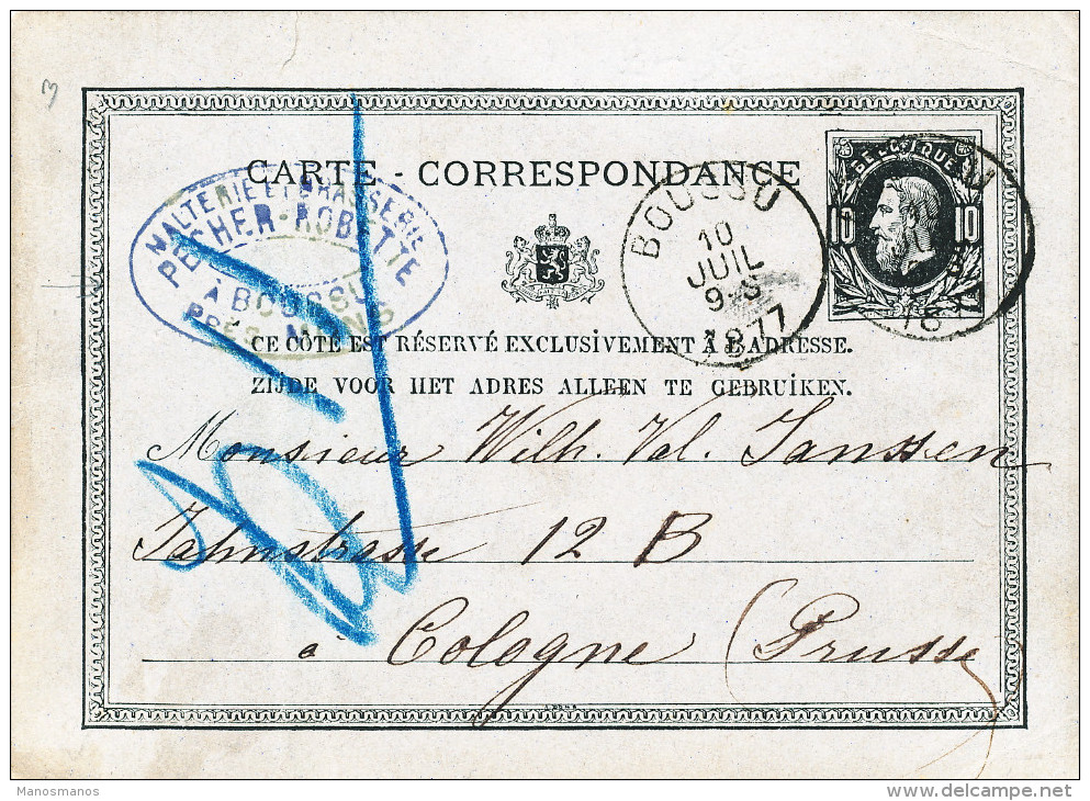 508/23 - BRASSERIE BELGIQUE - Entier Postal BOUSSU 1877 - Cachet Malterie-Brasserie Pecher-Robette - Bier