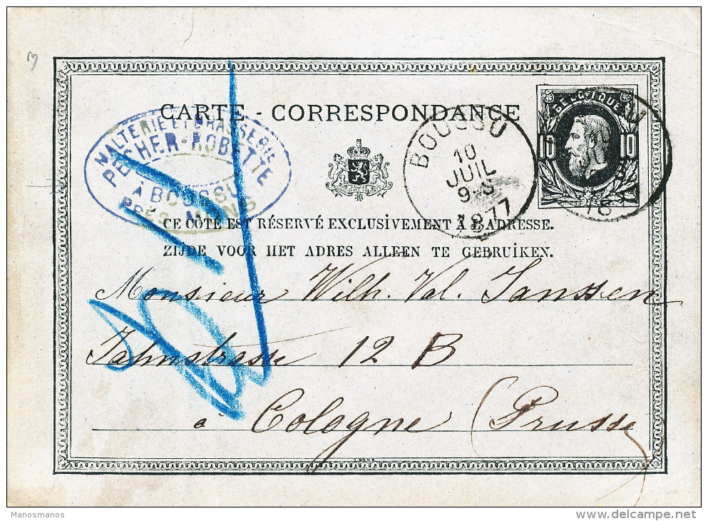 508/23 - BRASSERIE BELGIQUE - Entier Postal BOUSSU 1877 - Cachet Malterie-Brasserie Pecher-Robette - Biere
