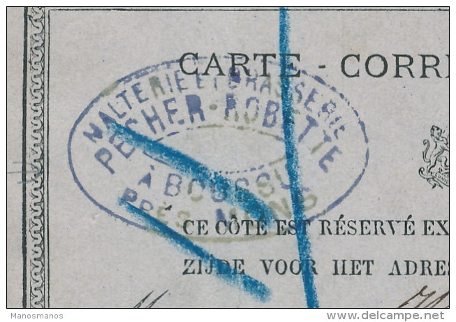 508/23 - BRASSERIE BELGIQUE - Entier Postal BOUSSU 1877 - Cachet Malterie-Brasserie Pecher-Robette - Bières