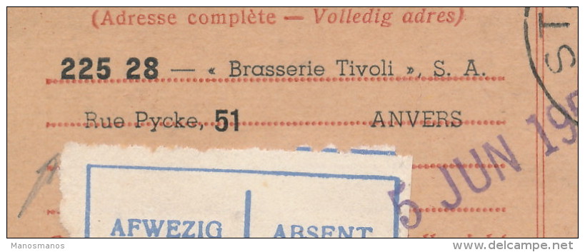 518/23 - BRASSERIE BELGIQUE - Carte Récépissé IMPAYEE - Brasserie Tivoli à ANVERS 1959 Vers PUTTE Kapellen - Bières