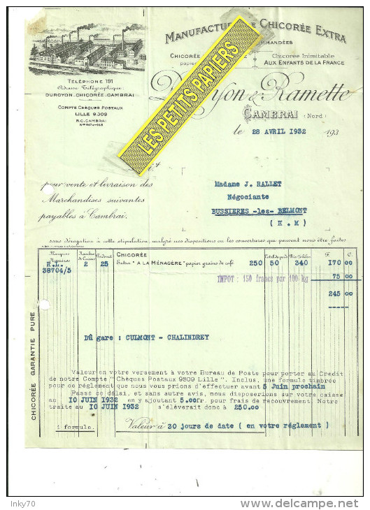 59 - Nord - CAMBRAI - Facture DUROYON & RAMETTE - Manufacture De Chicorée – 1932 - REF 183 - 1900 – 1949