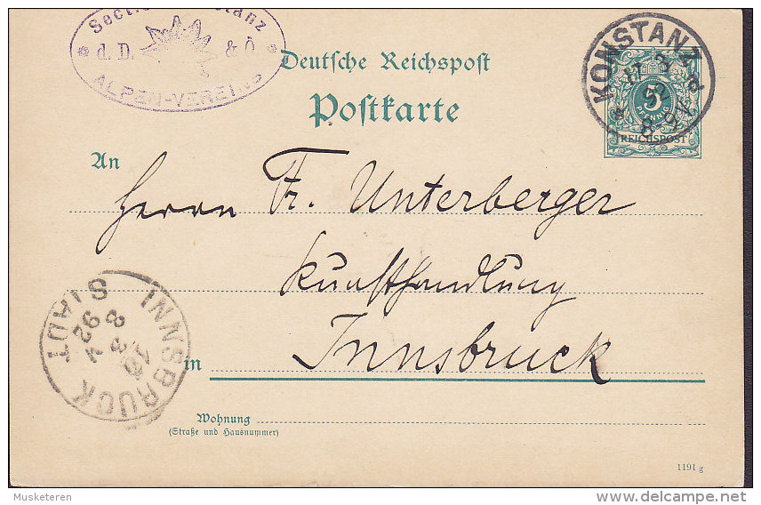 Germany Deutsches Reich Postal Stationery Ganzsache Section ALPEN-Vereins KONSTANZ 1892 INNSBRUCK Austria (2 Scans) - Postcards