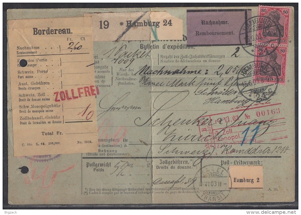 DR Paketkarte Nachnahme Mef Minr.2x 77 Hamburg 15.6.03 Gel. In Schweiz - Briefe U. Dokumente