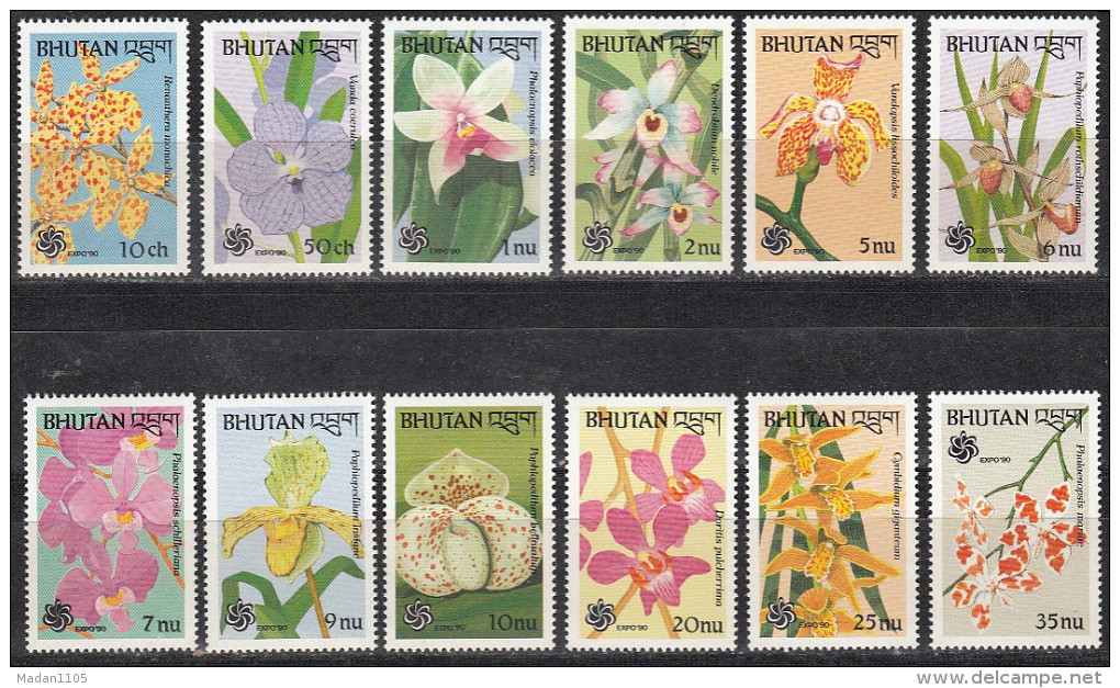 BHUTAN,  1990,,  Expo 90 Intl Garden & Greenery Exposition, Flowers, Orchids, 12 Values, Complete Set, , MNH(**) - Orchids