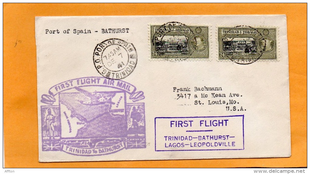 Trinidad 1941 First Flight Air Mail Cover Mailed To Bathurst - Trinidad & Tobago (...-1961)
