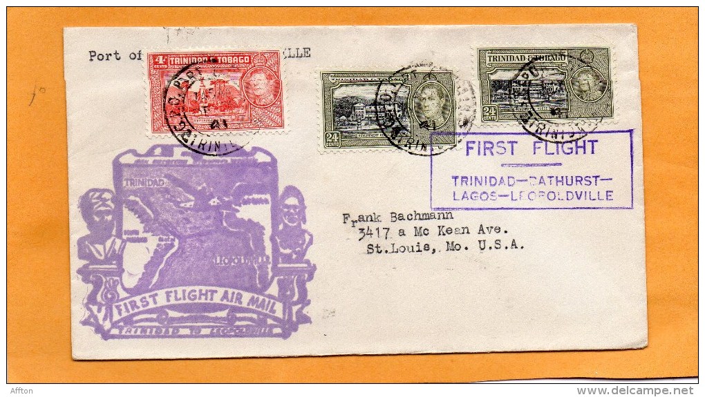 Trinidad 1941 First Flight Air Mail Cover Mailed To Leopoldville - Trinidad & Tobago (...-1961)
