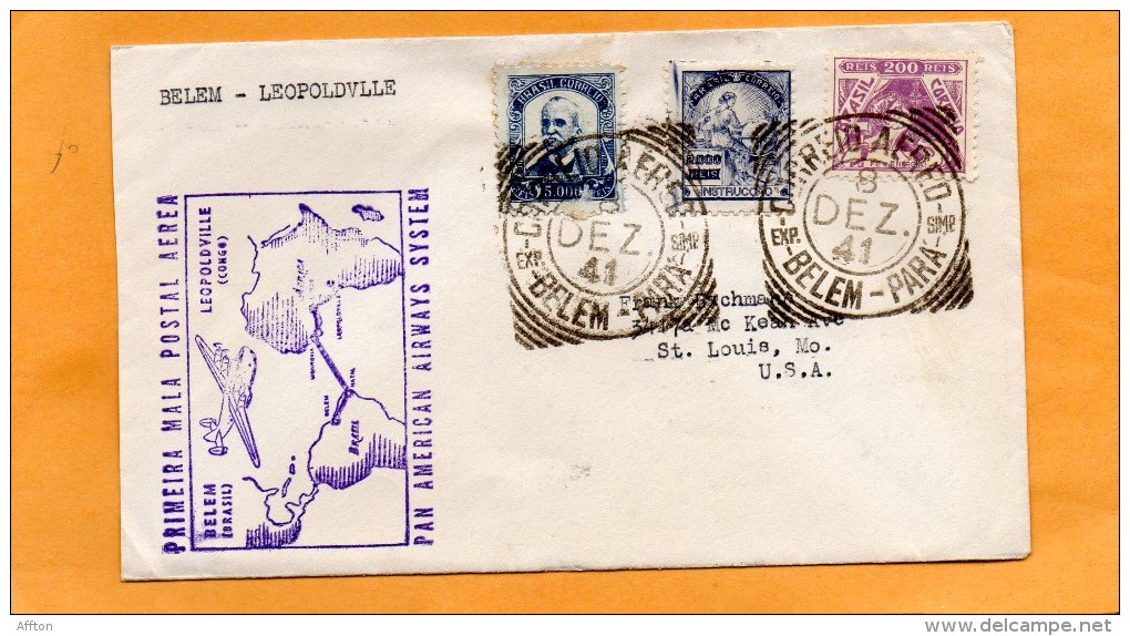 Brazil 1941 First Flight Air Mail Cover Mailed To Leopoldville - Poste Aérienne