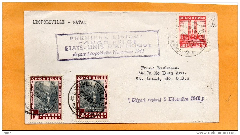 Begian Congol 1941 First Flight Air Mail Cover Mailed To Natal - Covers & Documents