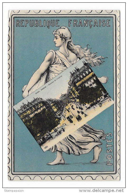 France ,  Carte Postale Représentant Une Semeuse Tenant Une Carte Postale De La Place De L'Opéra - Timbres (représentations)