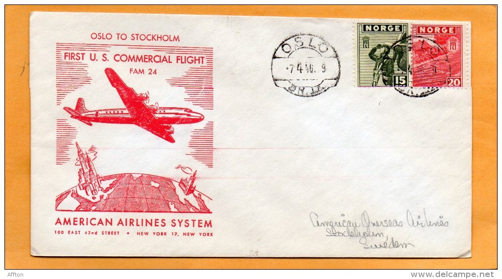 Norway 1946 First USA Commercial Flight FAM 24 Air Mail Cover Mailed - Briefe U. Dokumente